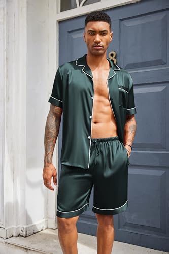 Ekouaer Mens Silk Satin Pajamas Set Short Sleeve Button Up Lounge Pjs Set - Image 4