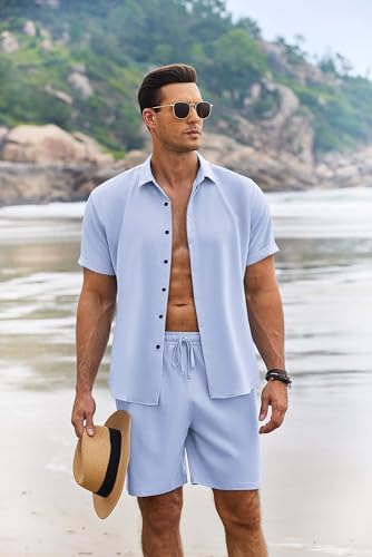 COOFANDY Men's Summer Beach Outfits 2 Piece Short Sleeve Shirts and Shorts Vacation Texture Linen Sets for Men - Image 2
