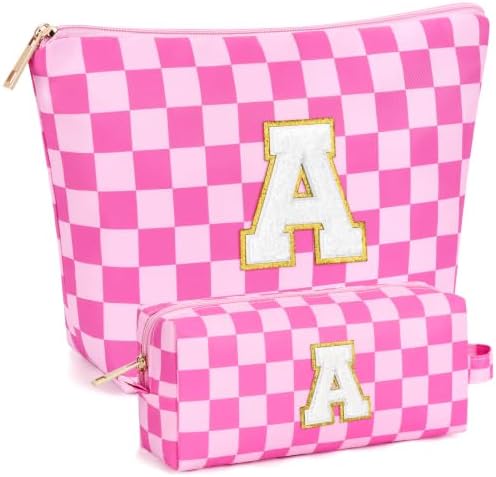 mibasies 2 PCS Initial Makeup Bags for Women: Cosmetic Bag for Travel Toiletry - Birthday Gifts for Teen Girl Gifts Trendy Stuff - Graduation Teacher Gift for Girlfriend -Checkered Rose Red A by mibasies