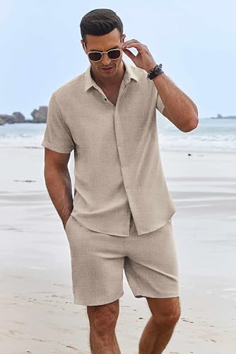 COOFANDY Men's Summer Beach Outfits 2 Piece Short Sleeve Shirts and Shorts Vacation Texture Linen Sets for Men - Image 3