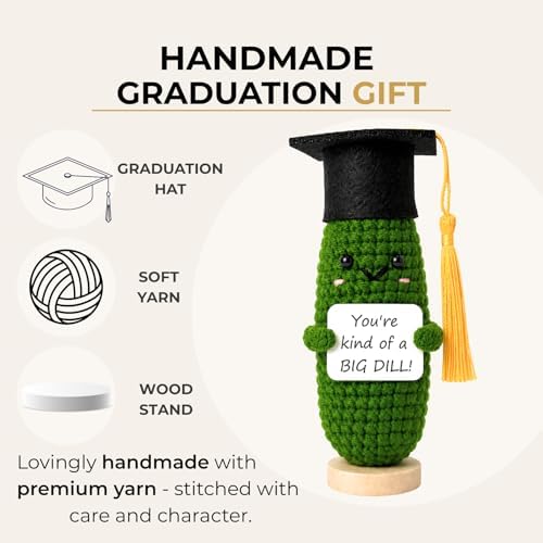 Graduation Pickle Gift 2026 for Her & Him – Funny Crochet Graduation Gift, Emotional Support Pickle with Graduation Cap & Wooden Stand, Cute Class of 2026 Senior Grad Gift for College & High School - Image 2