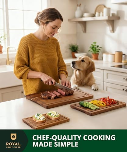 ROYAL CRAFT WOOD Wooden Cutting Boards for Kitchen Meal Prep & Serving - Bamboo Wood Serving Board Set with Deep Juice Groove Side Handles - Charcuterie & Chopping Butcher Block for Meat - Image 5