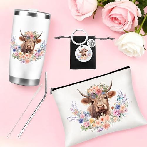 CRASHOT Highland Cow Gifts for Women, Highland Cow Gift, Includes 20 oz Tumbler Cosmetic & Keychain, Birthday Thanksgiving Christmas Surprise for Girls Sister Daughter Best Friends - Image 6