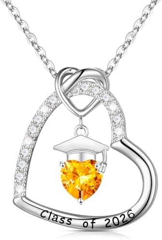Turandoss 2026 Graduation Gifts - S925 Sterling Silver Heart Pendant Birthstone Graduation Cap Necklace Class of 2026 College High School Masters Degree Inspirational Gifts for Women by TurandossJewelry