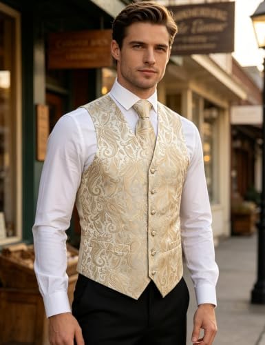 DiBanGu Mens Vest and Tie Set Formal Paisley Waistcoat and Necktie Pocket Square Cufflinks Silk Suit Vest for Tuxedo Wedding - Image 2