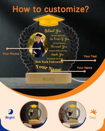 Personalized Graduation Gifts Custom Photo Name Night Light Gold and Black LED Table Lamp for 2026 University High School Senior Keepsake(Wheat) - Image 2