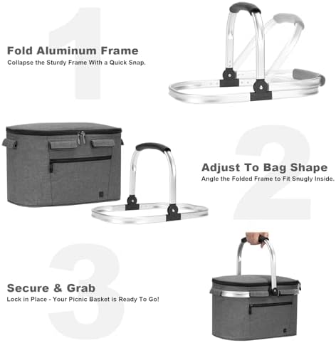 ALLCAMP Insulated Cooler Bag Portable Collapsible Picnic Basket Cooler Bag Collapsible, Leakproof, Lightweightwith Sewn in Frame (Medium Gray) - Image 3