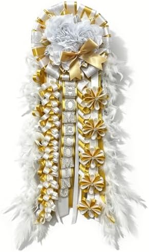 31'' Advanced Large Homecoming Mum Supplies Luxury Silk Homecoming Mum Flower with Feather Gold White Satin Ribbon Senior Night Back to School Week Party Decor by Unknown