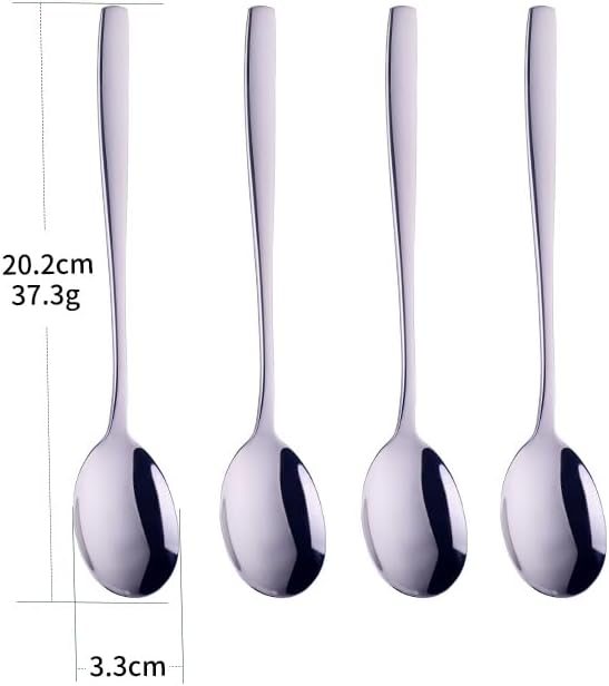 Metal Round Spoons, 8 inch Stainless Steel Reusable Long Handle Korean Soup Spoons, Table Dinner Desert Spoon Set of 8
