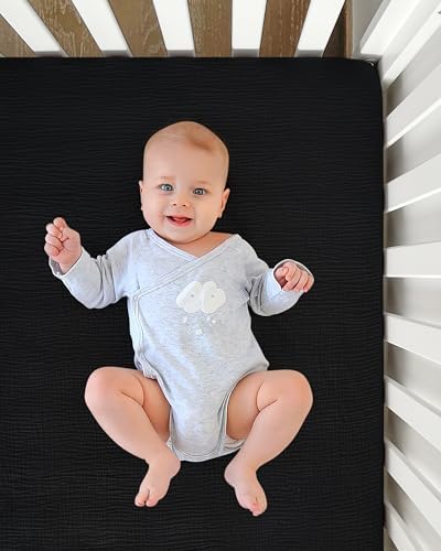 Pro Goleem Muslin Pack n Play Sheets for Boys and Girls, Soft Breathable Cotton Fitted Mini Crib Sheets, Neutral Baby Sheets for Playard Mattress, 1 Pack (Black) - Image 4