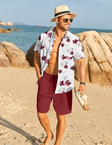COOFANDY Men's Hawaiian 2 Piece Outfits Floral Button Down Shirt and Shorts Vacation Outfits Summer Beach Matching Set - Image 2