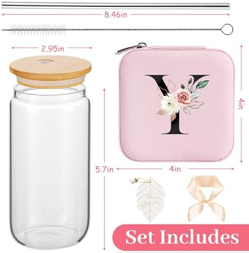 AYGXU Travel Gifts for Women,16oz glass cups with lids and straws,mom birthday gifts,aesthetic cups,coffee cups,travel jewelry case organizer,Travel Essentials Small Jewelry Box,Initial Y pink - Image 2