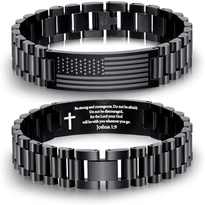 P. BLAKE American Flag Bible Verse Bracelet for Men, Stainless Steel Engraved Scripture Bracelet Christian Religious Christmas Birthday Jewelry Gifts by PBLAKE