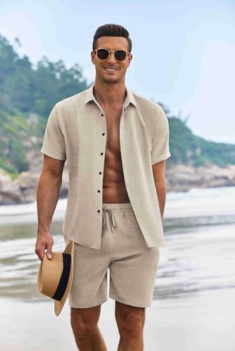 COOFANDY Men's Summer Beach Outfits 2 Piece Short Sleeve Shirts and Shorts Vacation Texture Linen Sets for Men - Image 2