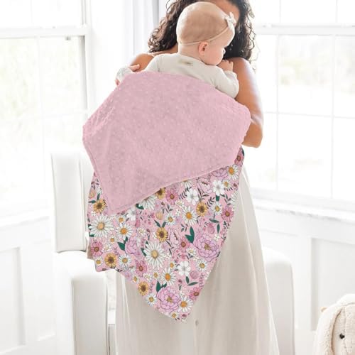 Spring Boho Floral Baby Blanket for Girl Neutral Pink Flowers Leaves Soft Mink Dotted Backing Double Layer Swaddle Receiving Blanket Pastel Peony Daisy Toddler Nursery Crib Bed Blanket 30x40 - Image 4