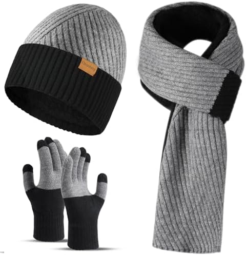 floconssy Men's Winter Hat Scarf Gloves Set of 3, Knit Thermal Combo Gifts by floconssy