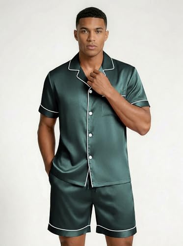 Ekouaer Mens Silk Satin Pajamas Set Short Sleeve Button Up Lounge Pjs Set - Image 3