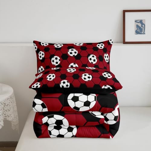 Erosebridal Football Bedding King,Soccer Ball Comforter Set Sports Theme Bed Sets Red and Black Duvet Insert 3 Pieces - Image 6