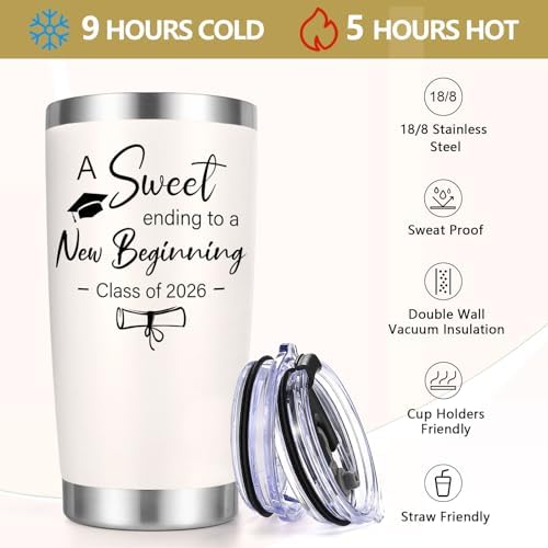 Lifecapido 2026 Graduation Gifts, A Sweet Ending to a New Beginning Class of 2026 20 oz Tumbler with Bookmark, High School College Masters Degree PhD Graduation Gifts for Graduates, Creamy - Image 6