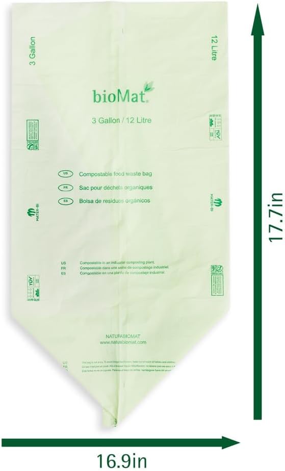 bioMat 3 Gallon Compostable Food Scrap Bags, 125 Count, Compost Bags for Kitchen Compost Bins, BPI ASTM D6400 and CMA Certified Biodegradable Trash Bags
