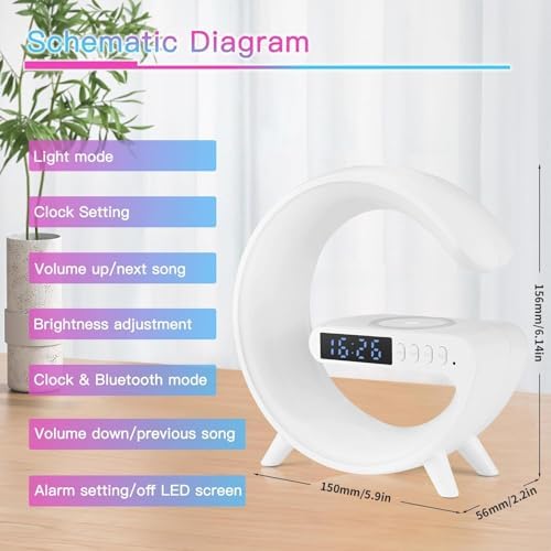 Mini Smart LED Table Lamp, 4-in-1 Wireless Charger, Wireless Charger with Speaker,Night Light, Alarm Clock, and Bluetooth Speaker for Bedroom and Home Decor (White) - Image 5