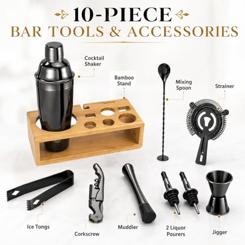 Black Cocktail Shaker Set, Premium 18/8 Stainless Steel Mixology Bartender Kit with Stylish Bamboo Stand 10-Piece Bar Tools & Accessories for Home Bar for Men, Dad, Husband - Image 2