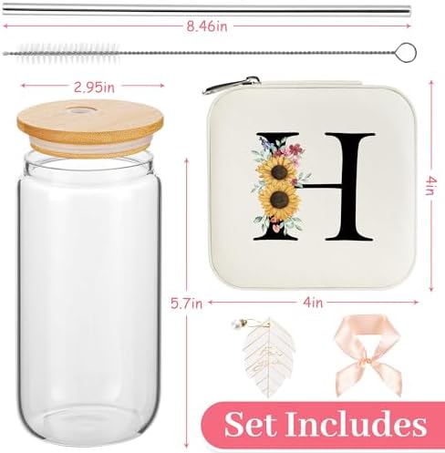 AYGXU Birthday Gifts for Women,Initial Glass Cup,Cute Tumbler Cup,bamboo lids for glass cups,Travel Jewelry Organizer,Teen Girls Gifts for Teenage Girls Birthday,Initial H white - Image 2
