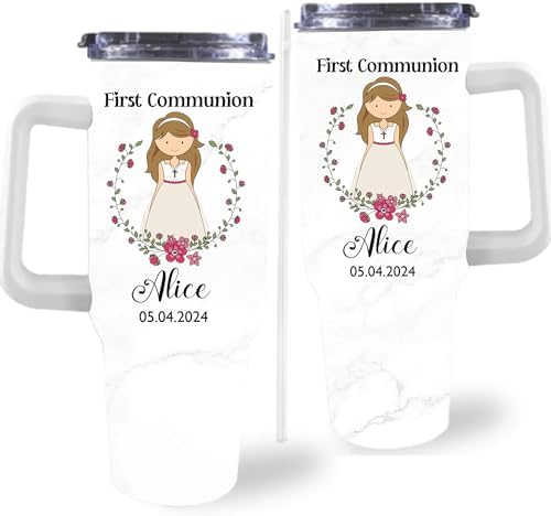First Communion Gifts for Girls - Personalized 1st Holy Communion Tumblers with Handle and Straw, Custom First Holy Communion Coffee Tumbler with Name & Date, Baptism Gifts for Girls Daughters by Artsadd