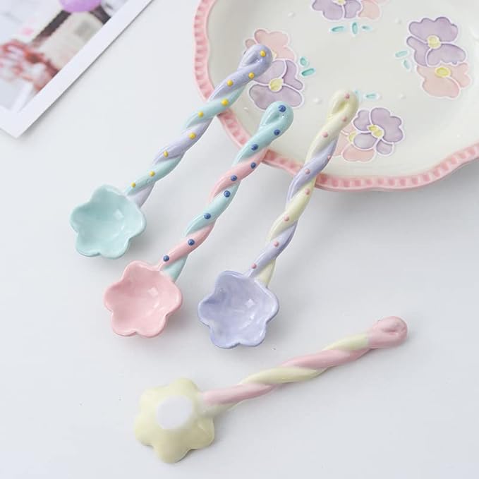 4-Pack - Ceramic Vintage Afternoon Tea, Coffee Whisk, Floral embossed beaded dessert spoon，Handmade Spoon, Long-Handle Coffee Scoop, tea scoop for loose tea, Size 5.9 * 1.5in(15 * 4cm)