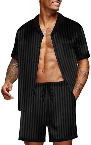 Ekouaer Men Silk Pajamas Set 2 Pieces Satin Pj Button Down Loungewear Sets by EKOUAER