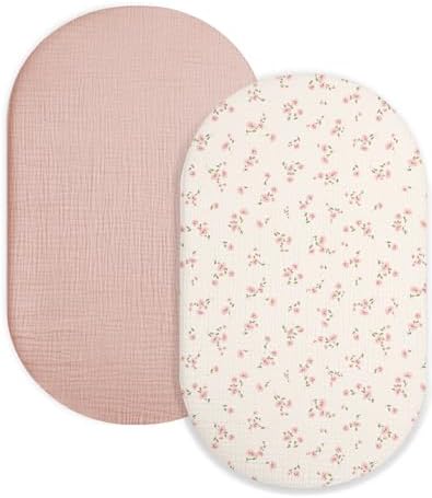 Muslin Bassinet Sheets 2 Pack, 33" x 17", (Rosy) by Meowcards
