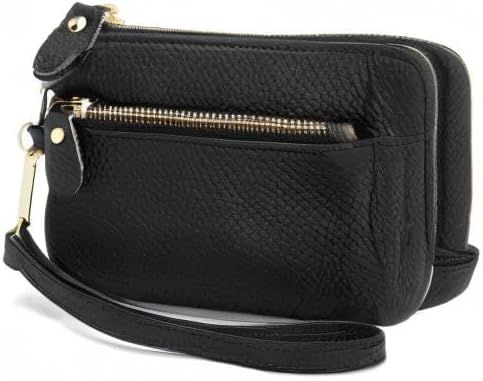 Genuine Leather Coin Purse for Women with Large Opening & Wrist Strap Navy (Black)