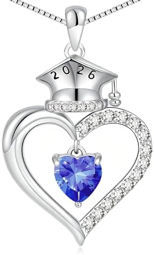 2026 Graduation Gifts for Her - S925 Sterling Silver Heart Graduation Cap Birthstone Necklaces, Class of 2026 High School College Graduation Gifts for Her by BLThing