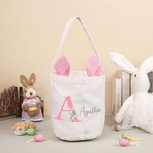 Personalized Bunny Ears Bucket Bag with Custom Name Photo-Easter Bag with Handle-Soft Egg Basket for Kids -Customized Easter Basket-Great for Carrying Gift Easter Eggs (Pink) - Image 4