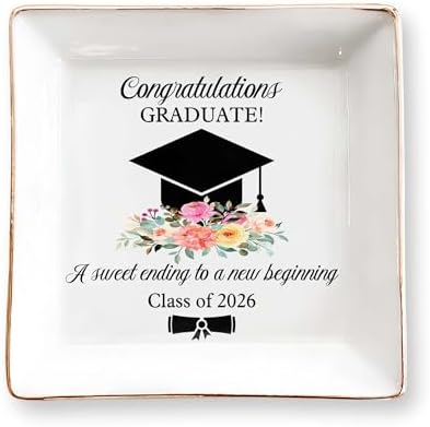 Graduation Gift for Her 2026 – Cap & Flowers Graduate 4" Ceramic Jewelry Dish – Class of 2026 Gift for Daughter, Sister, Friend– High School, College or University Graduate Keepsake Jewelry Tray Gifts by CERMELUS