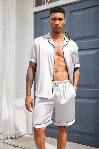 Ekouaer Mens Silk Satin Pajamas Set Short Sleeve Button Up Lounge Pjs Set - Image 4