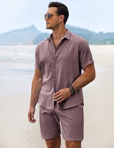 COOFANDY Men's Summer Beach Outfits 2 Piece Short Sleeve Shirts and Shorts Vacation Texture Linen Sets for Men - Image 3