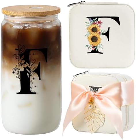 AYGXU Bridesmaid proposal gifts,Travel Initial Jewelry Box for Girls,Travel Jewelry Case,Initial Glass Cup,Cute Tumbler Cup,Small Jewelry Organizer for Teen Girls Gifts,Initial F white by AYGXU