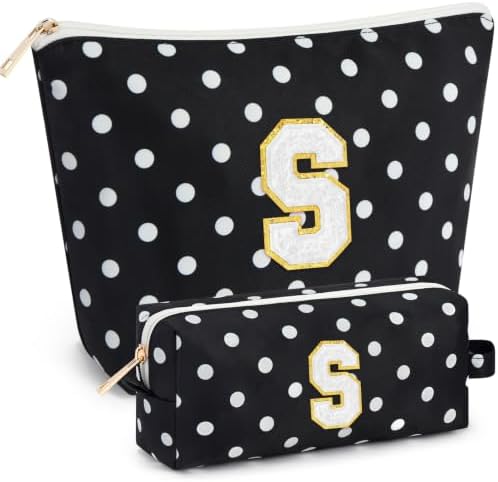 mibasies 2 PCS Initial Makeup Bags for Women: Cosmetic Bag for Travel Toiletry - Birthday Gifts for Teen Girl Gifts Trendy Stuff - Graduation Teacher Gift for Girlfriend -Polka Dot Black S by mibasies