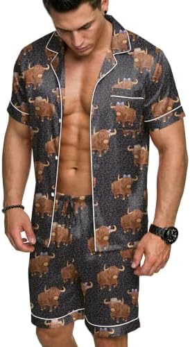 Ekouaer Mens Silk Satin Pajamas Set Short Sleeve Button Up Lounge Pjs Set by EKOUAER