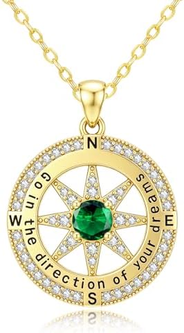 Compass Necklaces for Women, 14K Gold Anniversary Birthday Gifts for Wife Girlfriend Her, Inspirational Graduation Jewelry Gift with 1 Birthstone ‘Go in the direction of your dreams’ by SilvecFantasy