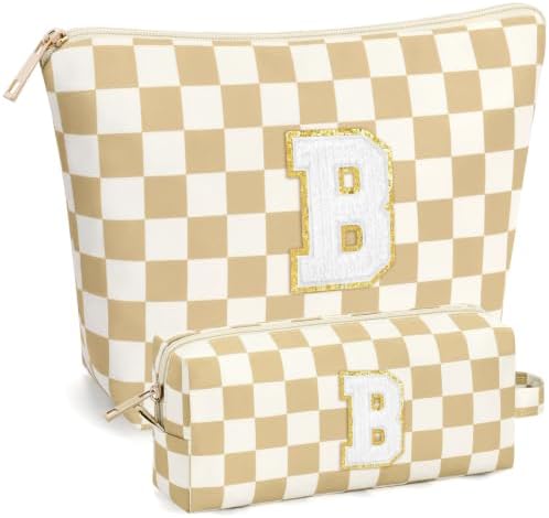 mibasies 2 PCS Initial Makeup Bags for Women: Cosmetic Bag for Travel Toiletry - Birthday Gifts for Teen Girl Gifts Trendy Stuff - Graduation Teacher Gift for Girlfriend -Checkered Brown B by mibasies