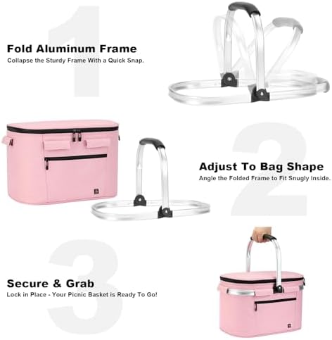 ALLCAMP Picnic Basket, 22L Insulated Cooler Foldable, Thick, Pink - Image 3