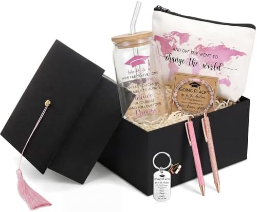 Vesici 8 Pcs Class of 2026 Graduation Gift Box Set for Women Her Grad Cap Box Glass Cup Makeup Bag Bracelet Pen Keychain College High School Graduation Gift for Daughter Sister Friend(Pink) by Vesici