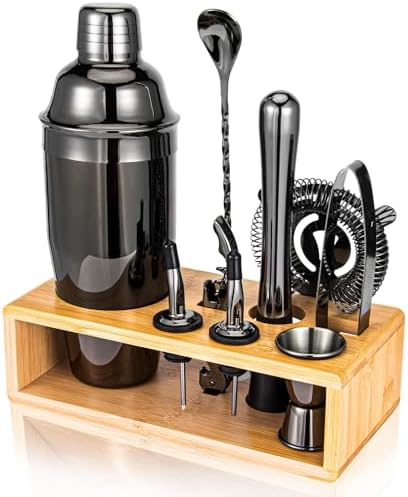 Black Cocktail Shaker Set, Premium 18/8 Stainless Steel Mixology Bartender Kit with Stylish Bamboo Stand 10-Piece Bar Tools & Accessories for Home Bar for Men, Dad, Husband by Semderm