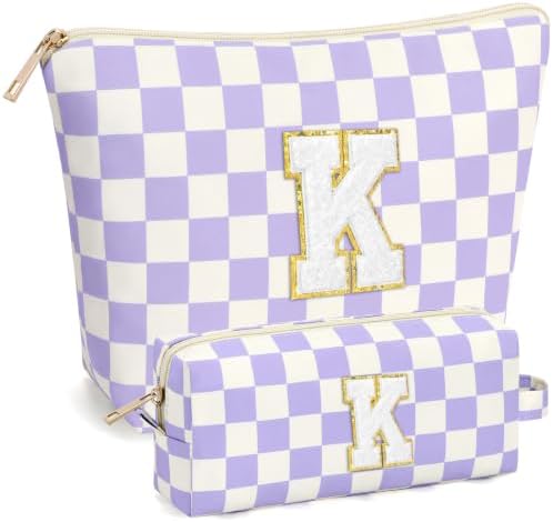 mibasies 2 PCS Initial Makeup Bags for Women: Cosmetic Bag for Travel Toiletry - Birthday Gifts for Teen Girl Gifts Trendy Stuff - Graduation Teacher Gift for Girlfriend -Checkered Purple K by mibasies