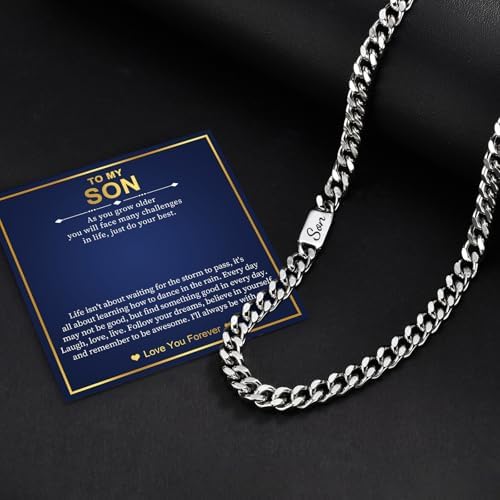 MEALGUET Cuban Link Chain Necklace for Men : Men's 316L Stainless Steel Silver Love You Forever Engraved Curb Chains Necklaces for Son Grandson Nephew Boyfriend, Jewelry Gifts for Birthday Valentines - Image 3