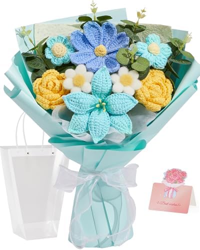 Alecono Blue and Yellow Crochet Flower Bouquet Handmade Knitted Lily Floral by AleconoBetterYourLife