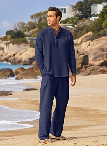 COOFANDY Men’s 2 Piece Cotton Linen Set Casual Beach Outfits Long Sleeve - Image 6
