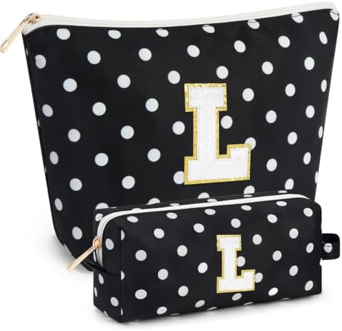 mibasies 2 PCS Initial Makeup Bags for Women: Cosmetic Bag for Travel Toiletry - Birthday Gifts for Teen Girl Gifts Trendy Stuff - Graduation Teacher Gift for Girlfriend -Polka Dot Black L by mibasies